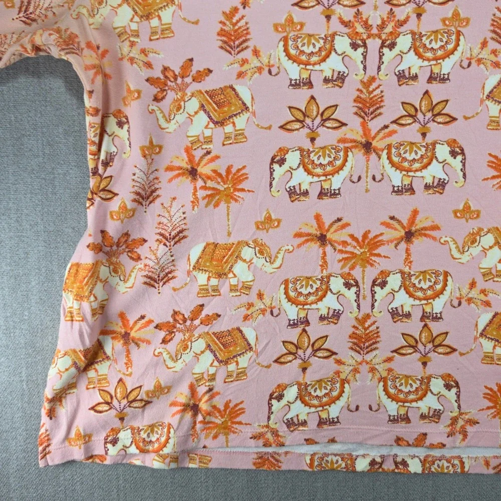 Karen Scott T-Shirt Women 2X Pink Elephant Palm Tree Print Cuffed Short Sleeve